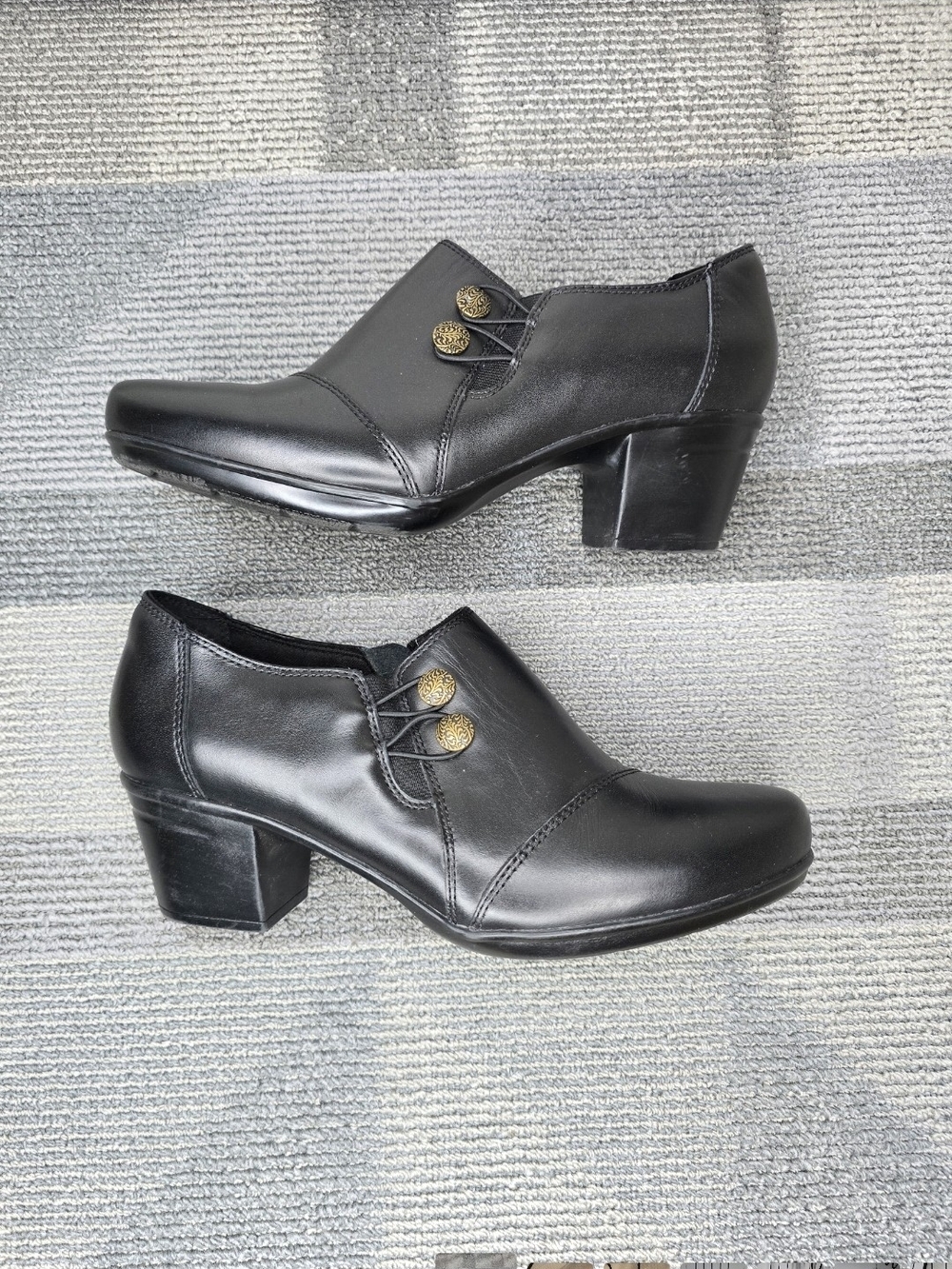 Clarks Emslie Warren Black Leather Upper Low Block Heel Ankle Booties